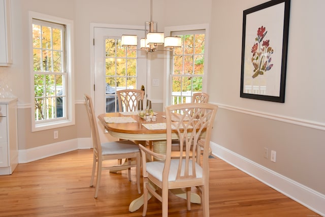 dining room with an inviting chandelier and light wood-type flooring