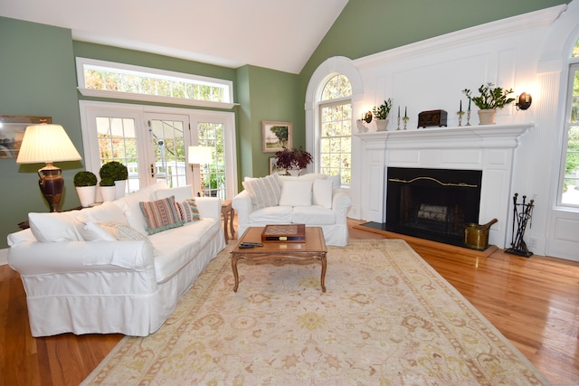 living room with high vaulted ceiling, light hardwood / wood-style flooring, and a healthy amount of sunlight