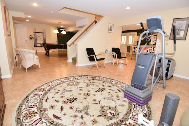 exercise room with french doors, billiards, and tile patterned floors