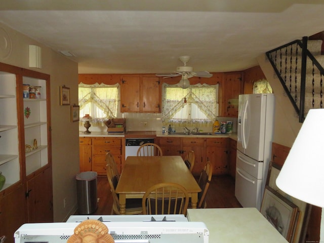 kitchen with decorative backsplash, dark hardwood / wood-style flooring, white appliances, ceiling fan, and sink