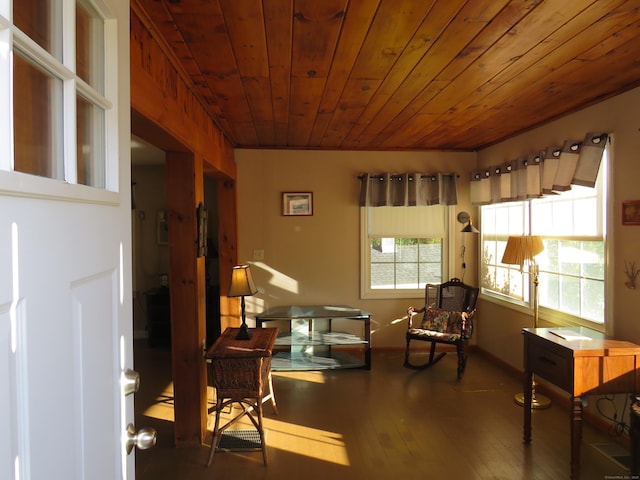 living area with wood-type flooring and wooden ceiling