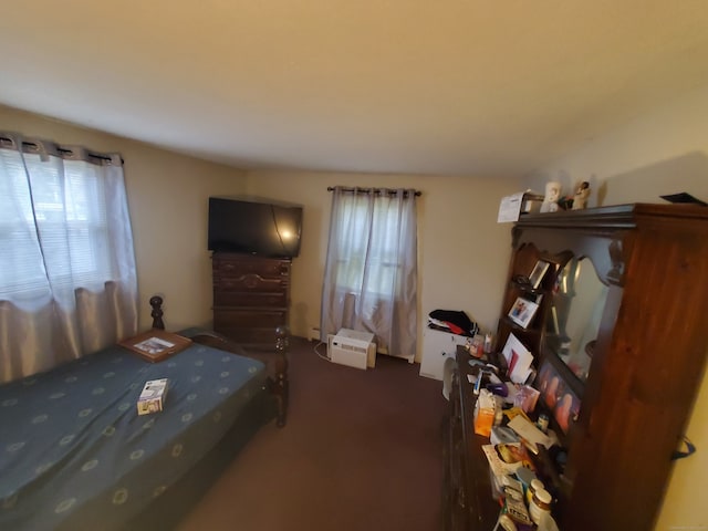 bedroom with dark carpet