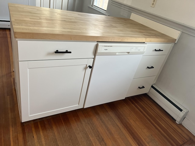 room details featuring white cabinets, a baseboard radiator, dark wood-style flooring, white dishwasher, and wooden counters