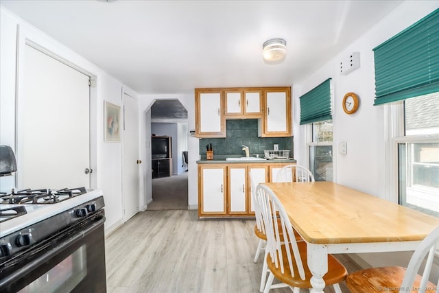 kitchen with sink, light wood-type flooring, gas range gas stove, and tasteful backsplash