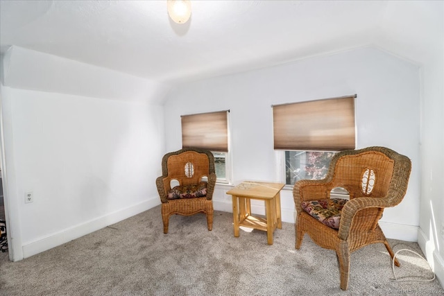 living area with lofted ceiling and carpet floors