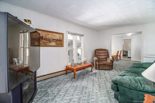 carpeted living room featuring a baseboard heating unit