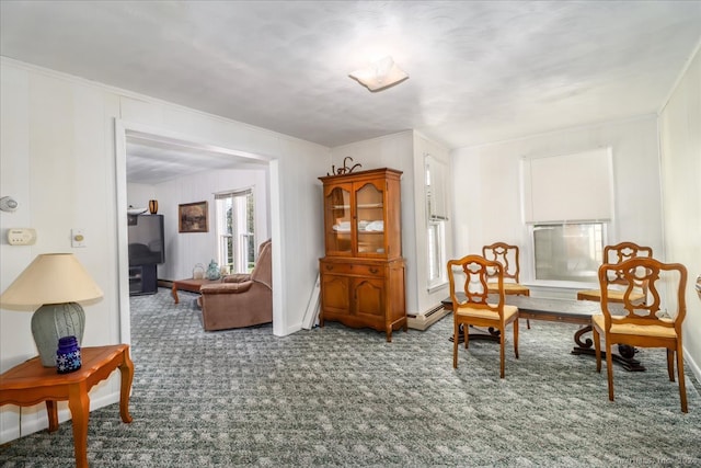 living area with a baseboard heating unit and carpet