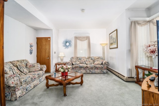 carpeted living room featuring a baseboard heating unit