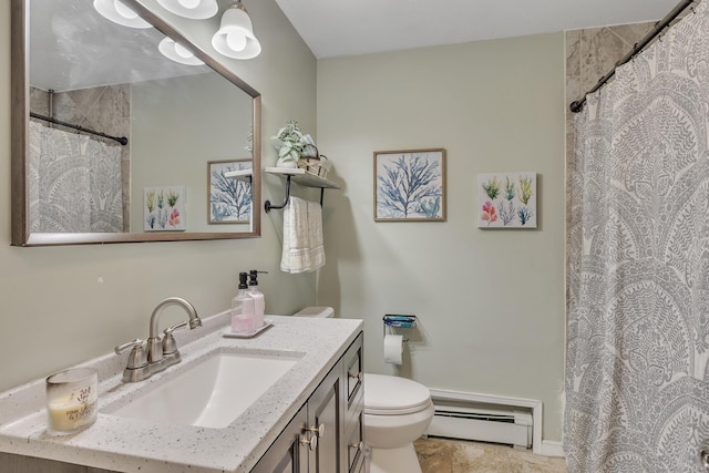 full bathroom featuring baseboard heating, toilet, vanity, and a shower with curtain