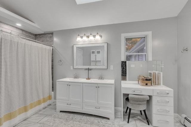 bathroom featuring baseboard heating, marble finish floor, vanity, and a shower with shower curtain