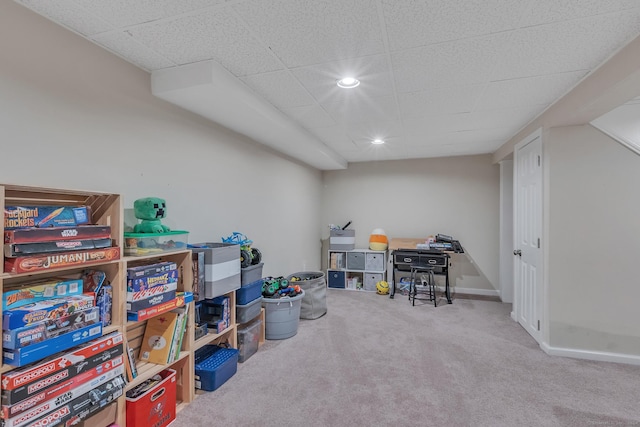 interior space with recessed lighting, baseboards, carpet floors, and a paneled ceiling