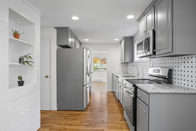 kitchen featuring appliances with stainless steel finishes, sink, gray cabinets, decorative backsplash, and light hardwood / wood-style flooring