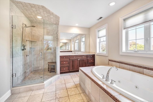 bathroom featuring vanity, plus walk in shower, and radiator heating unit