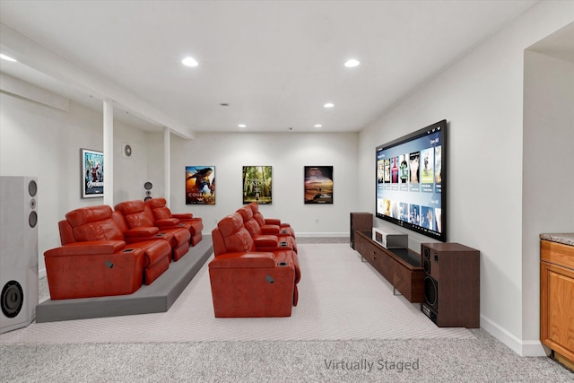 home theater featuring light colored carpet