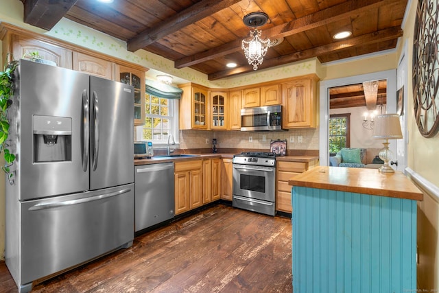 kitchen featuring beamed ceiling, appliances with stainless steel finishes, sink, butcher block countertops, and dark hardwood / wood-style flooring