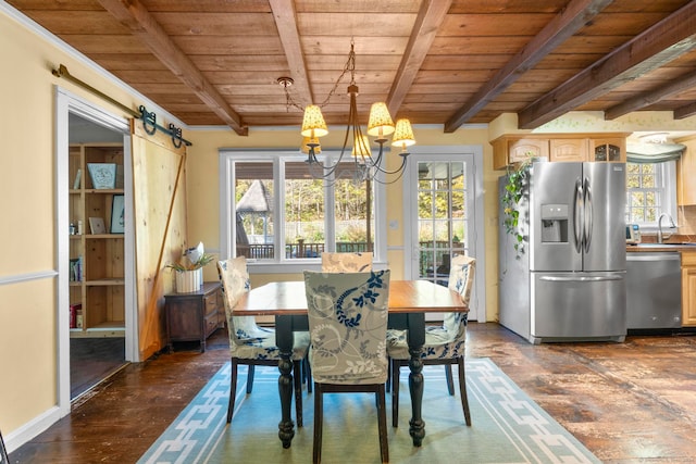 dining room featuring dark hardwood / wood-style floors, beamed ceiling, wooden ceiling, and a wealth of natural light