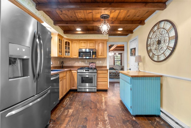 kitchen with a baseboard radiator, dark hardwood / wood-style floors, beamed ceiling, pendant lighting, and stainless steel appliances