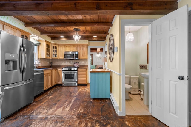 kitchen with beam ceiling, backsplash, appliances with stainless steel finishes, pendant lighting, and sink