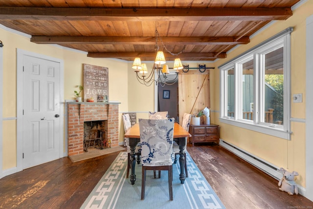 dining room featuring beam ceiling, baseboard heating, wooden ceiling, a fireplace, and dark hardwood / wood-style flooring