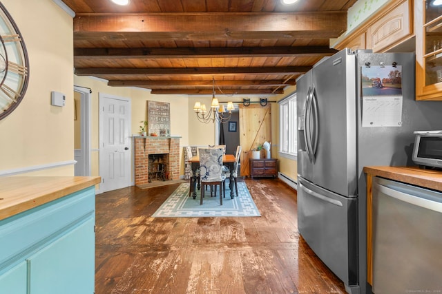 kitchen featuring a baseboard radiator, wood counters, a brick fireplace, wooden ceiling, and beam ceiling