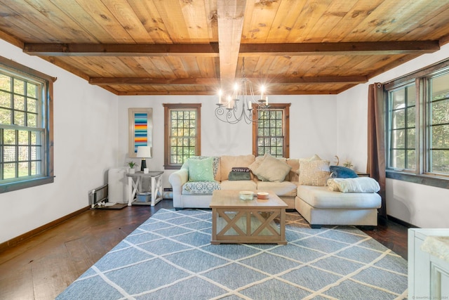 living room featuring wooden ceiling, a wealth of natural light, and dark hardwood / wood-style floors