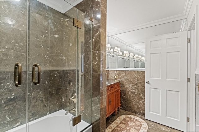 bathroom featuring vanity, bath / shower combo with glass door, tile walls, and ornamental molding