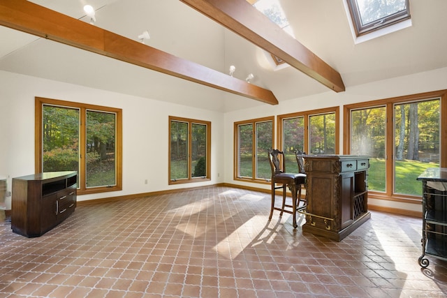 sunroom / solarium with lofted ceiling with skylight