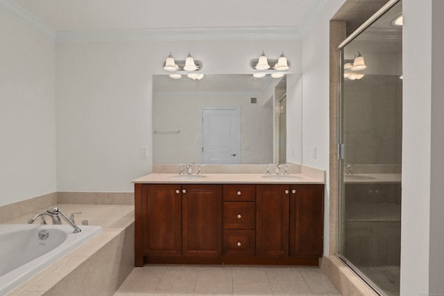 bathroom featuring vanity, independent shower and bath, ornamental molding, and tile patterned floors