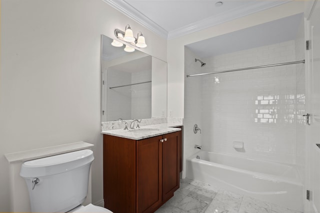 full bathroom with vanity, toilet, ornamental molding, and tiled shower / bath