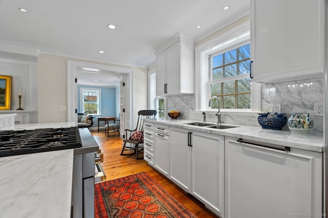 kitchen with a sink, wood finished floors, white cabinets, crown molding, and dishwasher