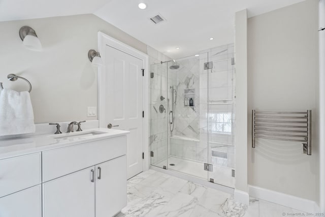 bathroom with baseboards, visible vents, marble finish floor, and a stall shower