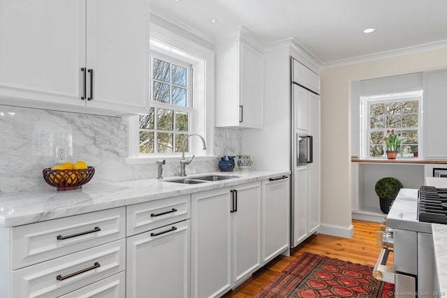 kitchen featuring light stone countertops, ornamental molding, decorative backsplash, a sink, and white cabinets