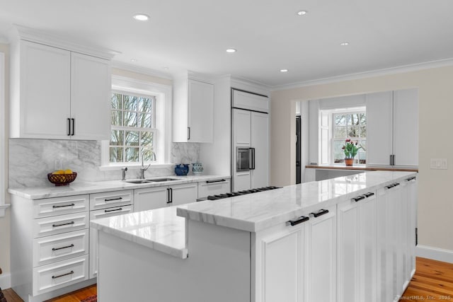 kitchen with tasteful backsplash, light stone countertops, ornamental molding, paneled built in refrigerator, and a sink