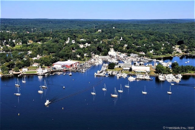 aerial view with a wooded view and a water view