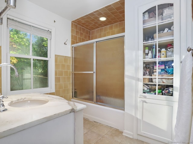 201 Shore Rd, Greenwich, CT 06830 - full bath with tile patterned flooring, enclosed tub / shower combo, and vanity