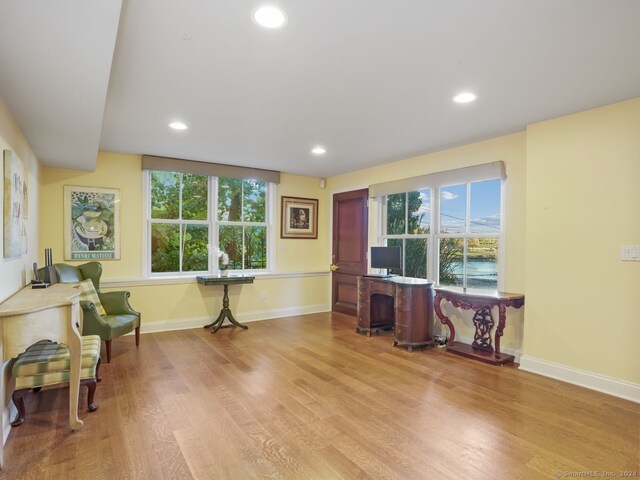 201 Shore Rd, Greenwich, CT 06830 - home office featuring baseboards, wood finished floors, recessed lighting, and healthy amount of natural light