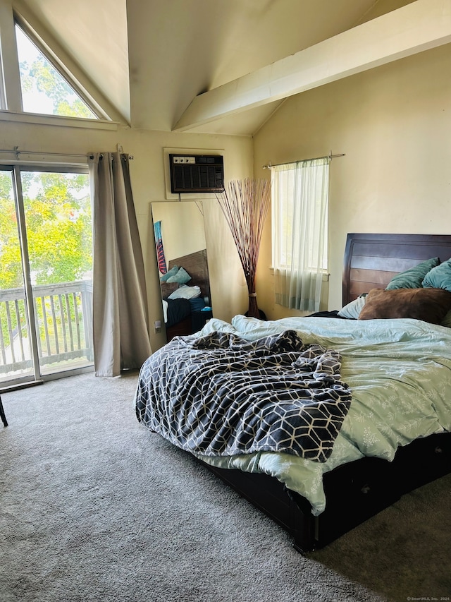 carpeted bedroom with a wall mounted AC, vaulted ceiling, and access to exterior