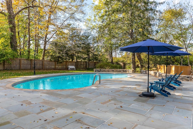 view of swimming pool with a fenced in pool, a patio area, and a fenced backyard