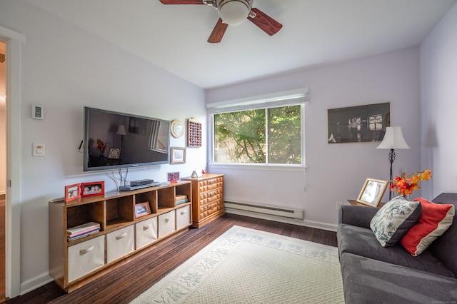 living room with dark wood-type flooring, ceiling fan, and a baseboard heating unit