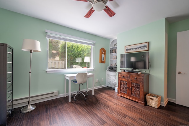 home office featuring ceiling fan, a baseboard radiator, dark hardwood / wood-style floors, and built in shelves