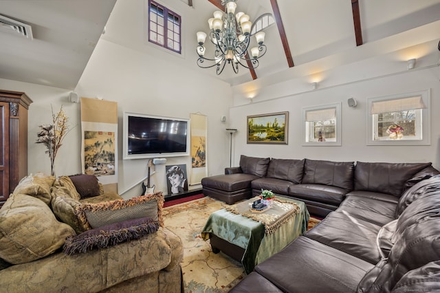 living room featuring a chandelier, wood-type flooring, and lofted ceiling with beams