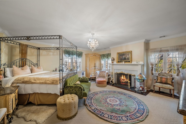 bedroom with crown molding and an inviting chandelier