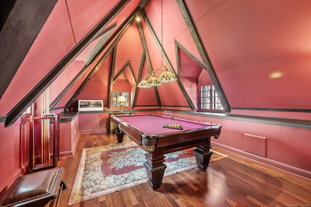 playroom featuring dark wood-type flooring, vaulted ceiling, and billiards