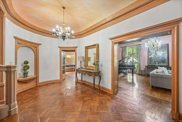 6 Prospect Ct, Hamden, CT 06517 - hall featuring a chandelier, baseboards, ornamental molding, and a tray ceiling