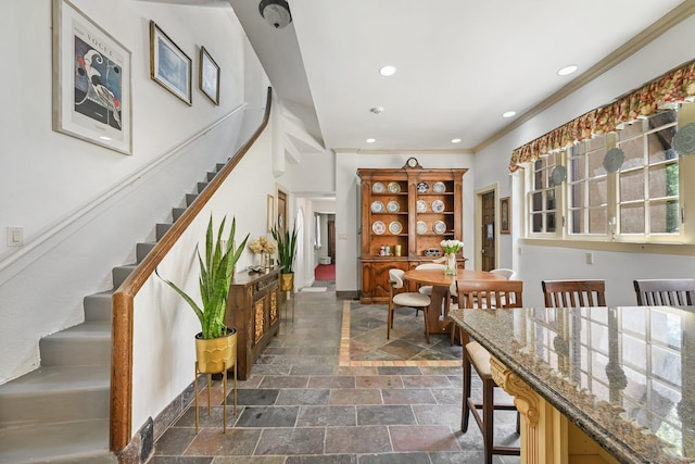 6 Prospect Ct, Hamden, CT 06517 - foyer featuring stairs, stone tile flooring, recessed lighting, ornamental molding, and baseboards