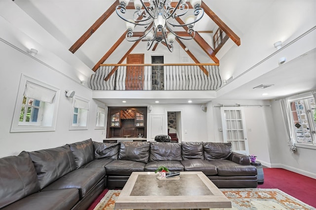 6 Prospect Ct, Hamden, CT 06517 - living room featuring a chandelier, high vaulted ceiling, and baseboards