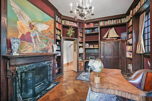 6 Prospect Ct, Hamden, CT 06517 - office area featuring a chandelier and a premium fireplace