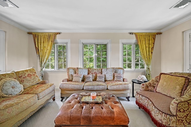 6 Prospect Ct, Hamden, CT 06517 - living area featuring healthy amount of natural light, light colored carpet, and ornamental molding