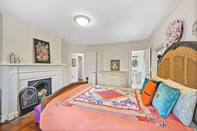 6 Prospect Ct, Hamden, CT 06517 - bedroom featuring ornamental molding, wood finished floors, ensuite bath, and a glass covered fireplace