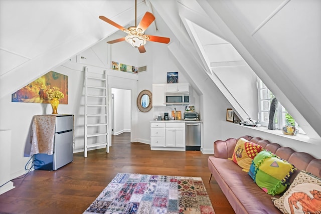 6 Prospect Ct, Hamden, CT 06517 - living room with wood finished floors, ceiling fan, high vaulted ceiling, beamed ceiling, and baseboards